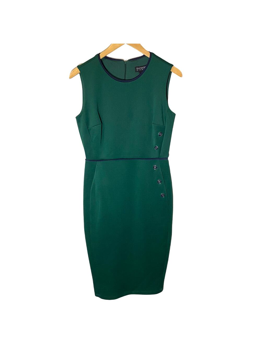 EnFocus Studio Emerald Green Button Accent Retro Sheath Dress Navy Piping Sz 6